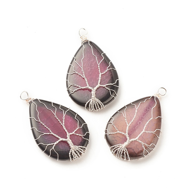 

PandaHall Natural Crackle Agate Pendants, Dyed, with Silver Tone Eco-Friendly Copper Wire Wrapped, Teardrop with Tree, Orchid..., Purple