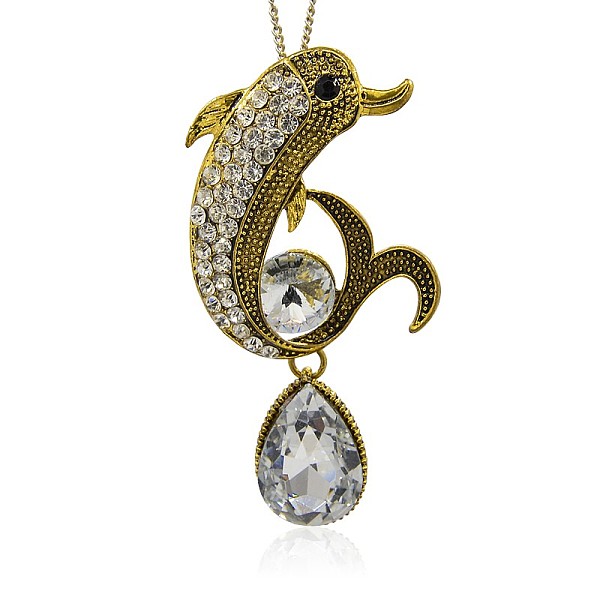 

PandaHall Alloy Rhinestone Big Pendants, Trendy Pendant Necklace Findings, Dolphin with Teardrop, Antique Golden, 92x47x3mm, Hole: 7mm..., Clear