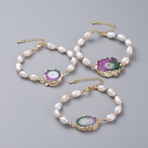 

PandaHall Natural Druzy Agate Link Bracelets, with Natural Pearl Beads and Light Gold Plated Brass Findings, 7-1/2 inch~7-7/8 inch(19~20cm)...