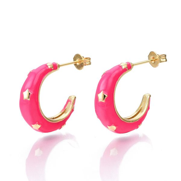 

PandaHall Brass Enamel Stud Earrings, Half Hoop Earrings, with Ear Nuts, Nickel Free, Double Horn/Crescent Moon with Star, Real 16K Gold...