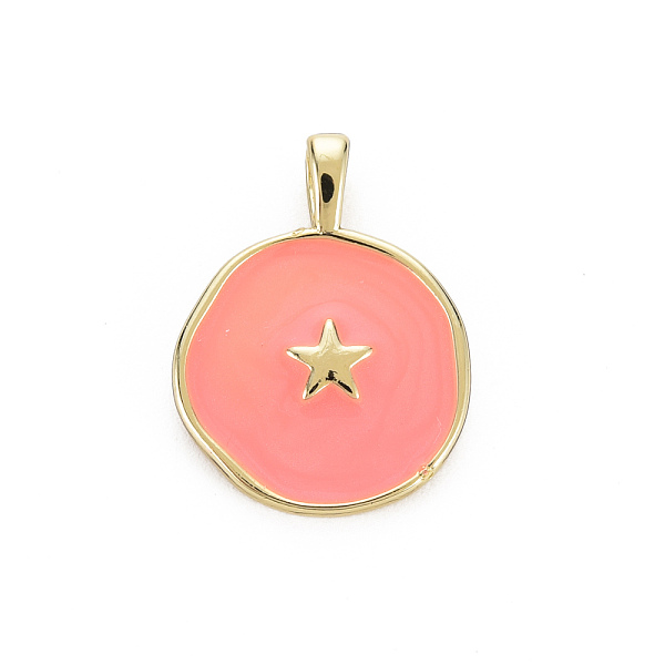 

PandaHall Brass Enamel Pendants, Cadmium Free & Nickel Free & Lead Free, Real 16K Gold Plated, Flat Round with Star, Light Coral...