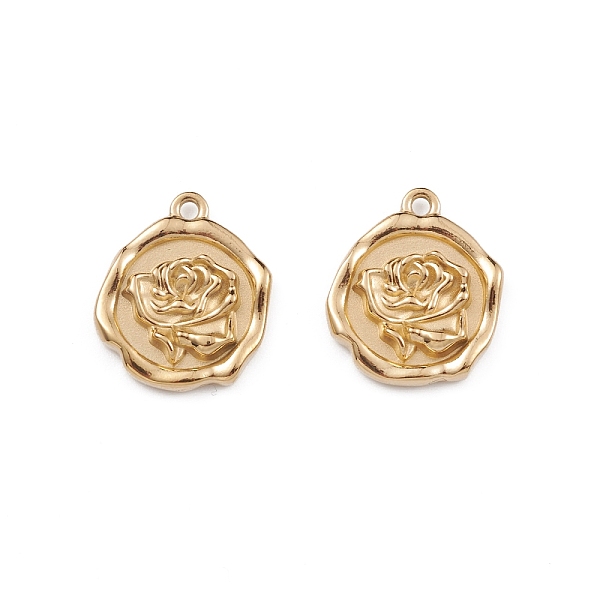 

PandaHall Ion Plating(IP) 304 Stainless Steel Pendants, Flat Round with Rose Pattern Charm, Real 14K Gold Plated, 15.5x13x2.8mm, Hole: 1.2mm...