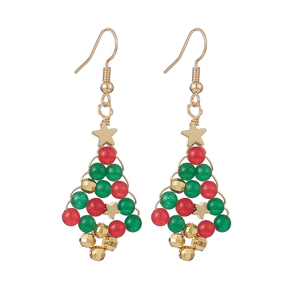 

PandaHall Christmas Tree Dyed Natural Malaysia Jade Dangle Earrings, Golden Copper Wire Wrapped Jewelry for Women, Colorful, 54mm, Pin...