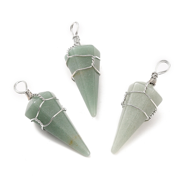 

PandaHall Natural Aventurine Gemstone Pendants, with Platinum Tone Copper Wire Wrapped, Cadmium Free & Lead Free, Faceted Cone...