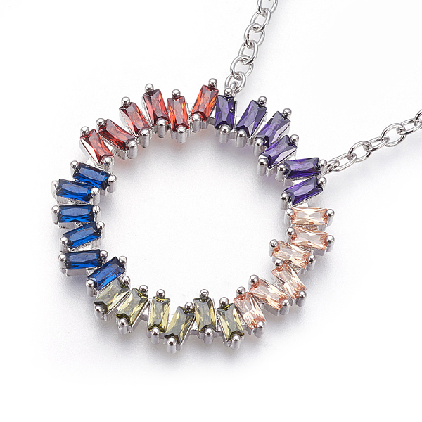 

PandaHall Brass Micro Pave Cubic Zirconia Pendant Necklaces, Circle, Colorful, Platinum, 18.5 inch(47cm), 2.5mm Cubic Zirconia
