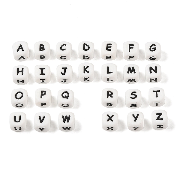 

PandaHall 26Pcs 26 Style Cube with Letter Silicone Beads, Silicone Teething Beads, Letter A~Z, 12x12x12mm, Hole: 2mm Silicone Letter A~Z..., White
