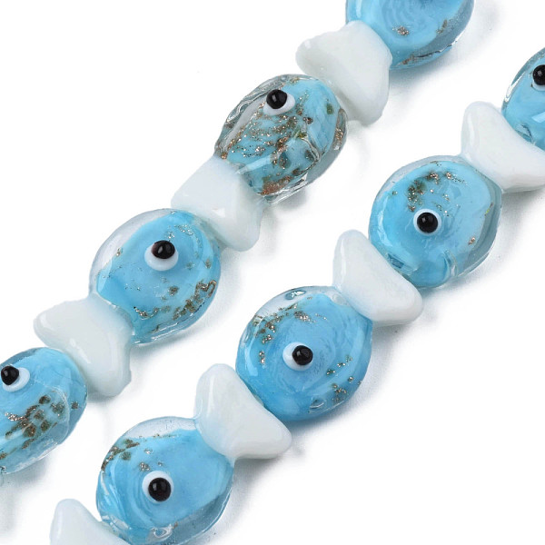 

PandaHall Handmade Lampwork Beads Strands, with Glitter Powder, Fish, Deep Sky Blue, 19~20x12.5x9mm, Hole: 0.8mm, about 25pcs/strand, 18.90...
