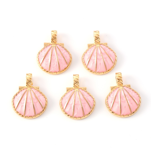 

PandaHall Alloy Enamel Pendants, Shell, Light Gold, Pink, 24.5x19x3.5mm, Hole: 4x2.5mm Alloy+Enamel Shell Shape Pink