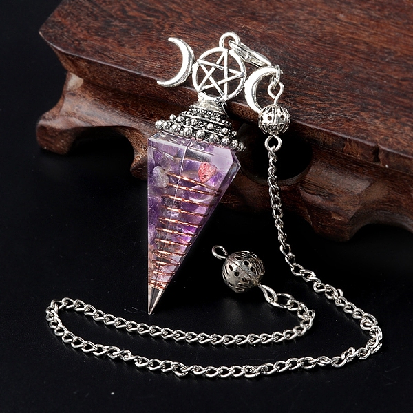 

PandaHall Natural Amethyst Chip & Resin Orgonite Dowsing Pendulum Big Pendants, with Platinum Plated Metal Triple Moon Pentagram, Hexagonal...