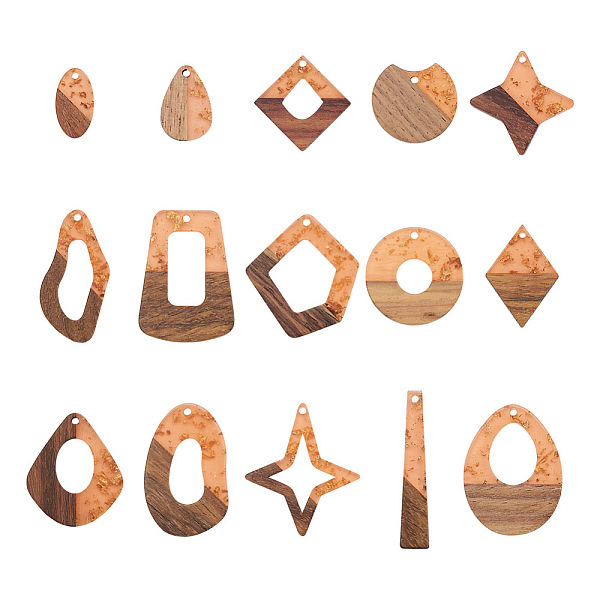 

PandaHall Fashewelry 30Pcs 15 Style Transparent Resin & Walnut Wood Pendants, with Gold Foil, Oval & Polygon & Teardrop & Flat Round & Star..., Multicolor