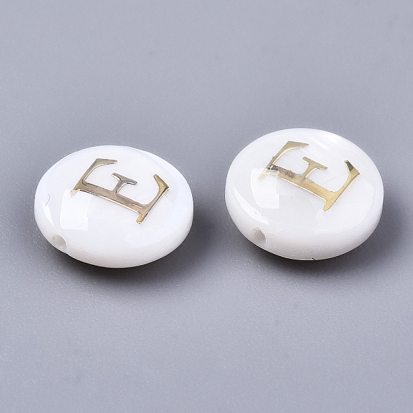 

PandaHall Natural Freshwater Shell Beads, with Golden Plated Brass Etched Metal Embellishments, Flat Round, Seashell Color, Letter.E...