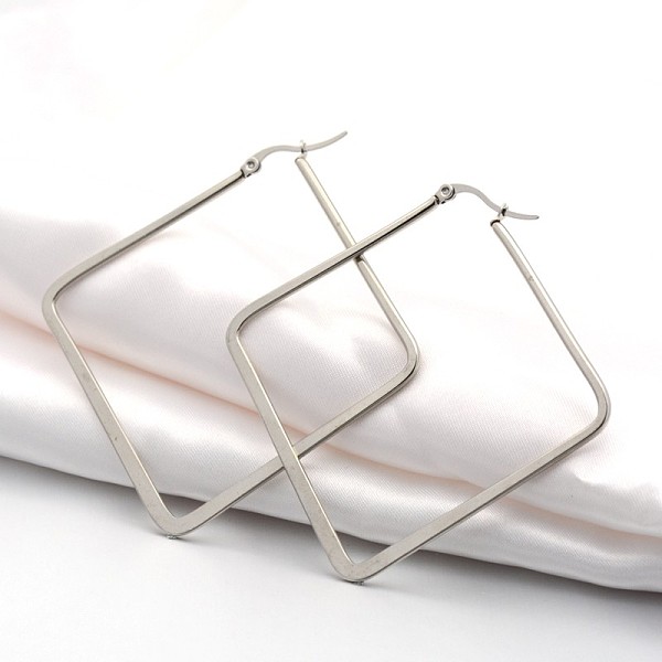 

PandaHall 304 Stainless Steel Angular Hoop Earrings, Hypoallergenic Earrings, Rhombus, Stainless Steel Color, 64~67x64~67x2mm, Pin: 1x0.6mm...