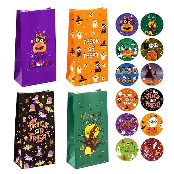 PandaHall 12Pcs 4 Styles Halloween Theme Paper Bag, with 12Pcs Round Dot Stickers, for Halloween Party Decoration, Mixed Color, Bag...