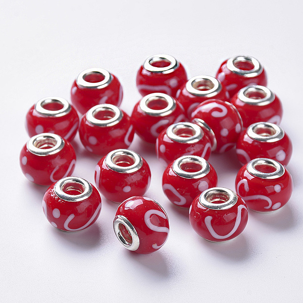 

PandaHall Handmade Lampwork European Beads, Large Hole Beads, with Silver Color Plated Brass Double Cores, Rondelle, Red, 14x11mm, Hole: 5mm...