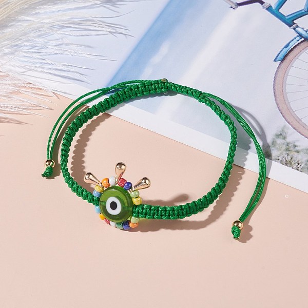 

PandaHall Big Evil Eye Braided Bead Bracelet, Adjustable Lampwork Beads Bracelet for Teen Girl Women, Golden, Lime Green, Inner Diameter...