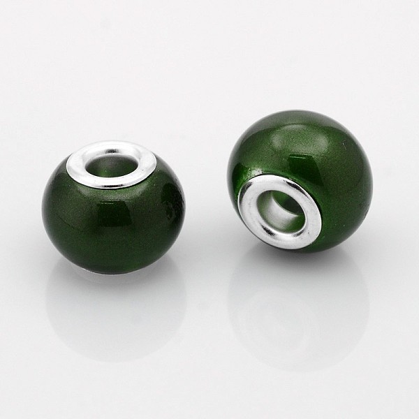 

PandaHall Spray Painted Glass European Beads, Large Hole Rondelle Beads, with Silver Tone Brass Cores, Dark Green, 14x11mm, Hole: 5mm...