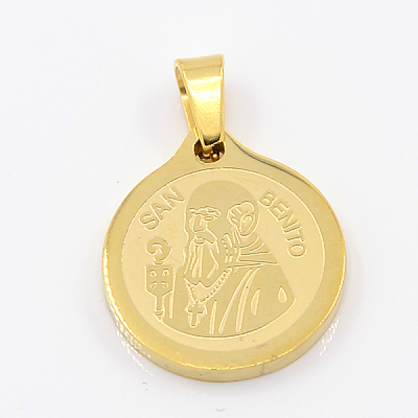 

PandaHall Fashionable 304 Stainless Steel Pendants, Flat Round with San Benito, Golden, 20x18x2mm, Hole: 3x5mm 304 Stainless Steel Flat...