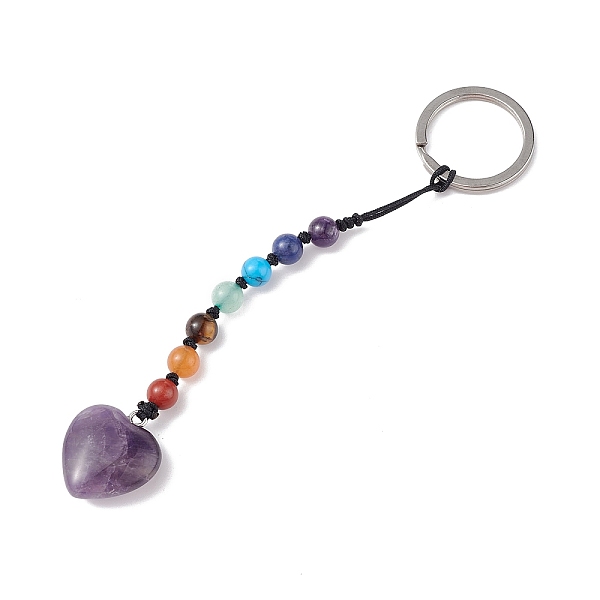 

PandaHall 7 Chakra Gemstone Beads Keychain, Natural Amethyst Heart Charm Keychain for Women Men Hanging Car Bag Charms, 13cm Amethyst Heart