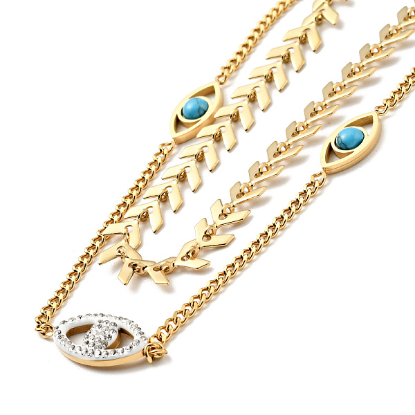 

PandaHall Synthetic Turquoise & Crystal Rhinestone Horse Eye Links Double Layer Necklace, Ion Plating(IP) 304 Stainless Steel Jewelry for..., Clear