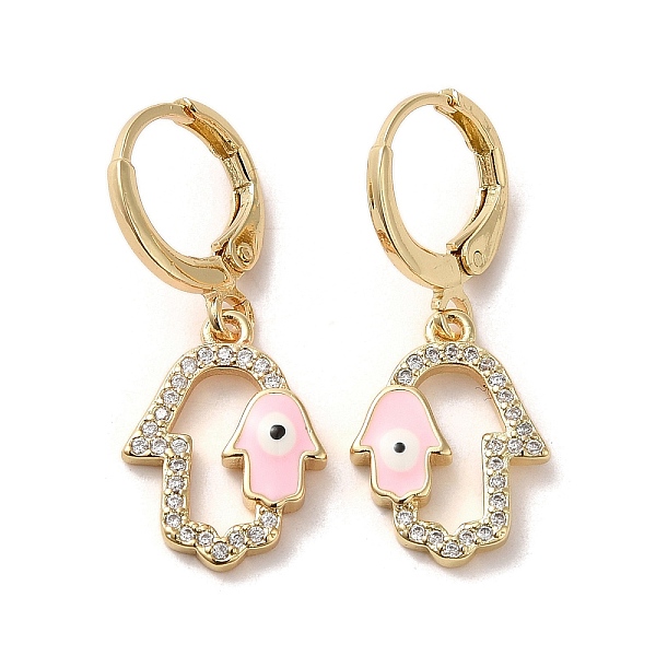 

PandaHall Hamsa Hand with Evil Eye Real 18K Gold Plated Brass Dangle Leverback Earrings, with Enamel & Cubic Zirconia, Pink, 28.5~29x12mm...