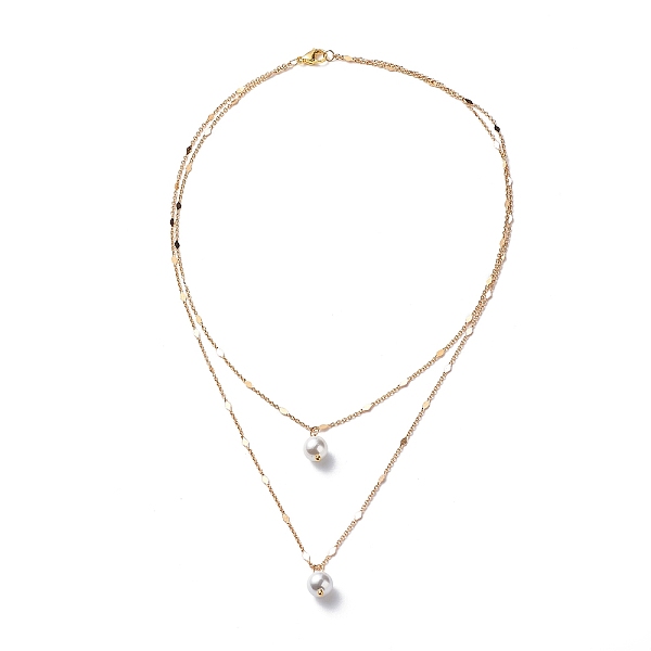 

PandaHall Brass Link Chain Double Layer Necklaces, Round Shell Pearl Pendant Necklaces for Women, Golden, 16.14 inch(41cm) Brass