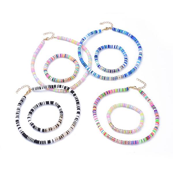 

PandaHall Heishi Beads Stretch Bracelets & Necklaces Sets, with Handmade Polymer Clay, Non-magnetic Synthetic Hematite Heishi Beads and Iron..., Multicolor