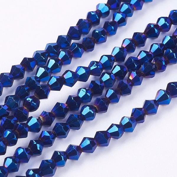 

PandaHall Electroplate Glass Beads Strands, Faceted, Bicone, Blue Plated, 4x4mm, Hole: 1mm, about 82~85pcs/strand, 30.5~31cm Glass Bicone...