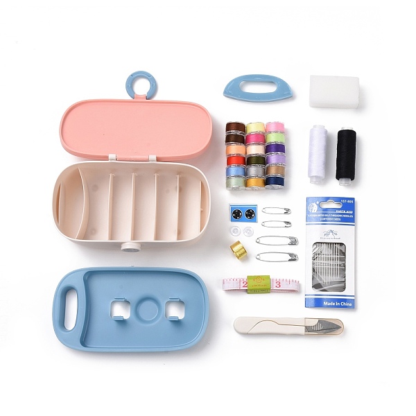 PandaHall Sewing Tool Box, Including Plastic Box, Plastic Tray, Sponge, Polyester Thread, Plastic Button, Thimble Ring, Safety Pin, Tape...