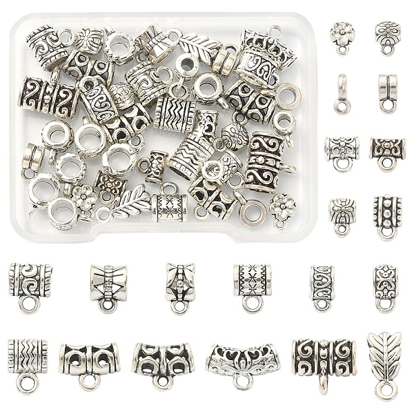 

PandaHall 40Pcs 20 Style Tibetan Style Alloy Tube Bails, Loop Bails, Bail Beads, Tube & Leaf & Flower & Donut Shape, Antique Silver...