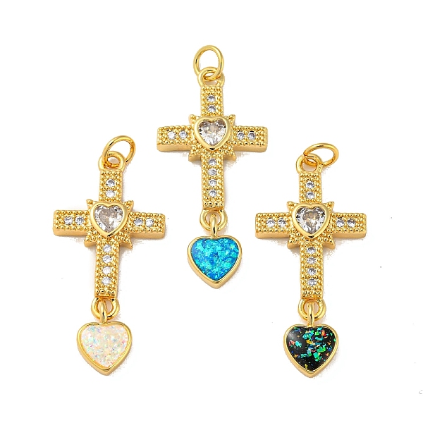 

PandaHall Cross with Heart Brass Pendants Micro Pave Cubic Zirconia with Synthetic Opal, with Jump Rings, Real 18K Gold Plated, Mixed Color..., Multicolor