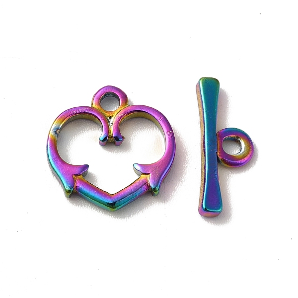 PandaHall Ion Plating(IP) 304 Stainless Steel Toggle Clasps, Heart, Rainbow Color, Heart: 14x14x2mm, Hole: 1.8mm, Bar: 15.5x6x2mm, Hole: 2mm...