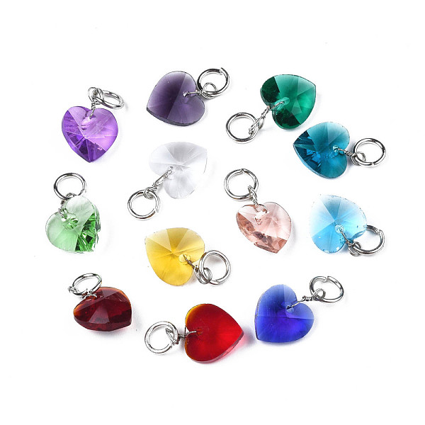 

PandaHall Faceted Transparent Glass Charms, with Iron Jump Ring, Heart, Mixed Color, 13~14x10x5~6mm, Hole: 4mm Iron+Glass Heart Multicolor