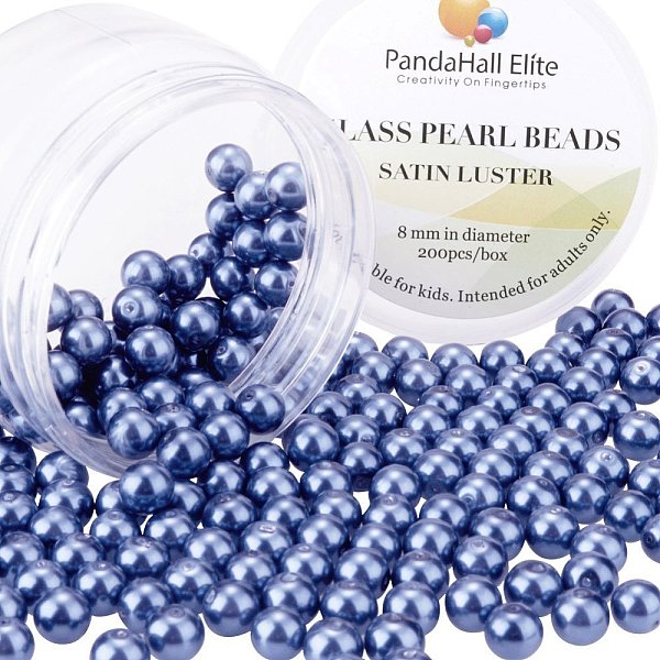 

PandaHall Pearlized Glass Pearl Round Beads, Dyed, Marine Blue, 8mm, Hole: 1.2~1.5mm, about 200pcs/box Glass Round Blue