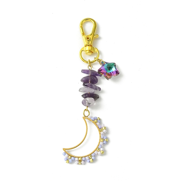 

PandaHall Moon Glass Seed Pendant Decorations, Natural Amethyst Chip Beads & Star Glass Charms for Bag Key Chain Ornaments, 94.5mm Amethyst...