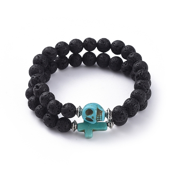 

PandaHall Natural Lava Rock Beads Stretch Bracelets, with Synthetic Turquoise(Dyed) Beads and Tibetan Style Alloy Beads, Skull and Cross..., Multicolor