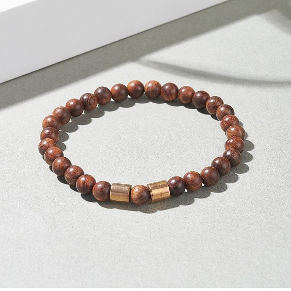

PandaHall Natural Wood Round Beaded Stretch Bracelet with Synthetic Hematite for Men Women, Chocolate, Inner Diameter: 2-1/4 inch(5.6cm)..., Brown