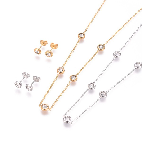

PandaHall 304 Stainless Steel Jewelry Sets, with Rhinestone, Cable Chains Necklaces and Stud Earrings, with Ear Nuts/Earring Back, Flat..., Clear