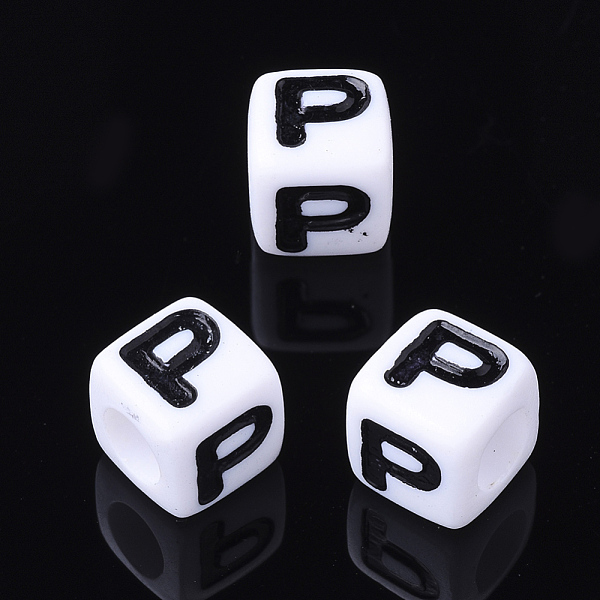 

PandaHall Acrylic Horizontal Hole Letter Beads, Cube, White, Letter P, Size: about 7mm wide, 7mm long, 7mm high, hole: 3.5mm, about...