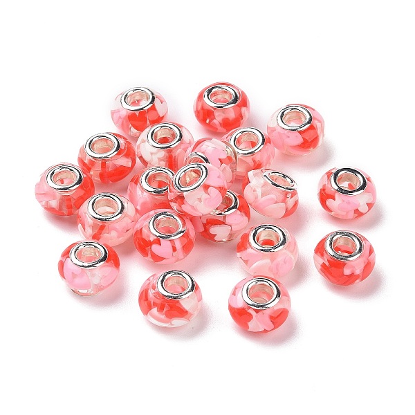

PandaHall Transparent Resin European Rondelle Beads, Large Hole Beads, with Heart Polymer Clay and Platinum Tone Alloy Double Cores, Crimson..., Pink