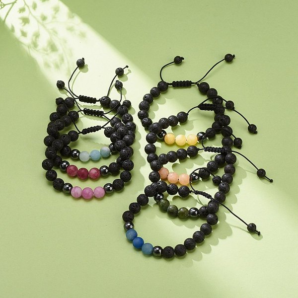 

PandaHall 7Pcs 7 Style Natural Mixed Stone & Lava Rock & Synthetic Hematite Round Braided Bead Bracelets Set, Essential Oil Gemstone Jewelry...
