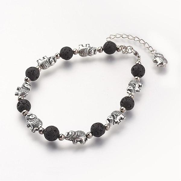 

PandaHall Natural Lava Rock Beads Bracelets, with Tibetan Style Alloy Elephant Beads and Brass Lobster Claw Clasps, Black, 9 inch(230mm)...