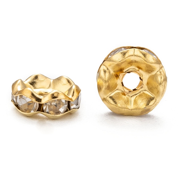 

PandaHall Iron Rhinestone Spacer Beads, Grade B, Waves Edge, Rondelle, Golden Color, Clear, Size: about 8mm in diameter, 3.5mm thick, hole...