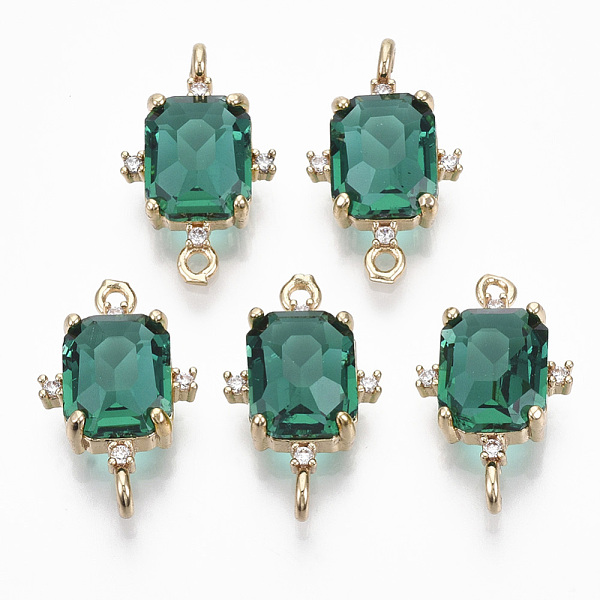 

PandaHall Glass Links connectors, with Brass Micro Pave Cubic Zirconia, Faceted, Rectangle, Light Gold, Light Sea Green, 20x12x5.5mm, Hole...