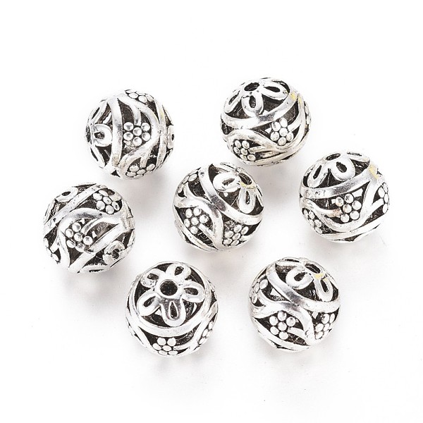 PandaHall Alloy Tibetan Style Beads, Hollow, Round with Flower, Antique Silver, 14.5x14mm, Hole: 2.5mm Alloy Round