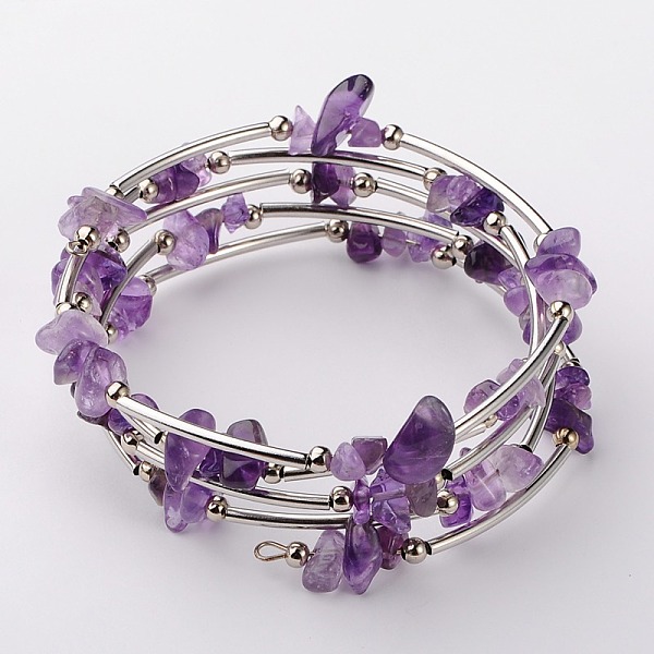 PandaHall Natural Amethyst Chip Warp Bracelets, Steel Bracelet Memory Wire with Brass Tube Beads and Iron Round Beads, Platinum, 53mm...