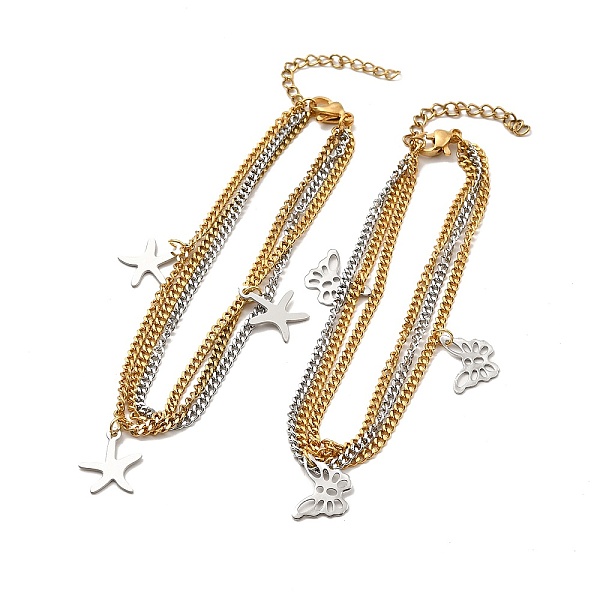 

PandaHall Two Tone 304 Stainless Steel Curb Chains Triple Layer Multi-strand Bracelet with Charms for Women, Golden & Stainless Steel Color...