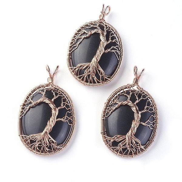 

PandaHall Natural Obsidian Big Pendants, with Rose Gold Tone Brass Findings, Oval with Tree of Life, 56~58.5x35~36x12~13.8mm, Hole...