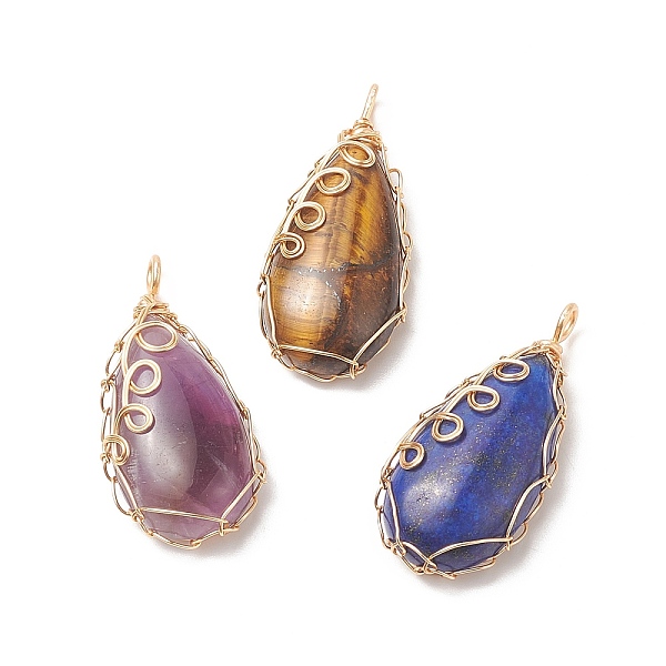 

PandaHall Natural Mixed Stone Copper Wire Wrapped Pendants, Teardrop Charms, Golden, 36x17x8mm, Hole: 3x2mm Mixed Stone Teardrop