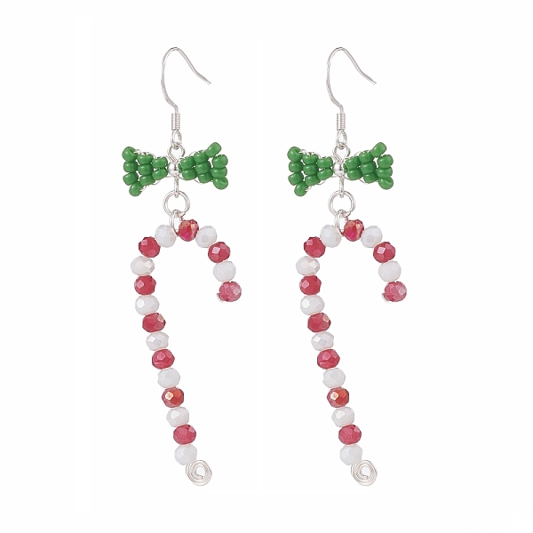 

PandaHall Glass Beaded Christmas Candy Cane with Bowknot Dangle Earrings, 304 Stainless Steel Wire Wrap Jewelry for Women, Colorful, 79mm..., Red