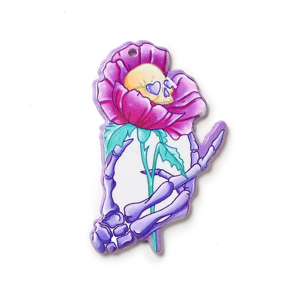 

PandaHall Halloween Printed Acrylic Pendants, Flower with Skull & Skeleton Hand, 47.5x29x2.5mm, Hole: 1.8mm Acrylic Flower Pink